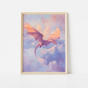 Poster dragon volant : créature fantastique rose dans un ciel pastel Impression artistique