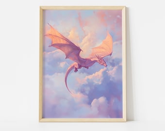 Flying Dragon Poster: Pink Fantasy Creature in Pastel Sky Art Print