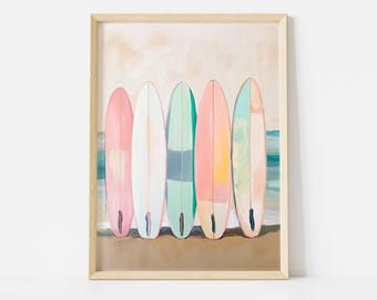 Pastel Surfboard Poster, Beach Coastal Wall Art, Colorful Ocean Surf Print, Summer Sea Decor