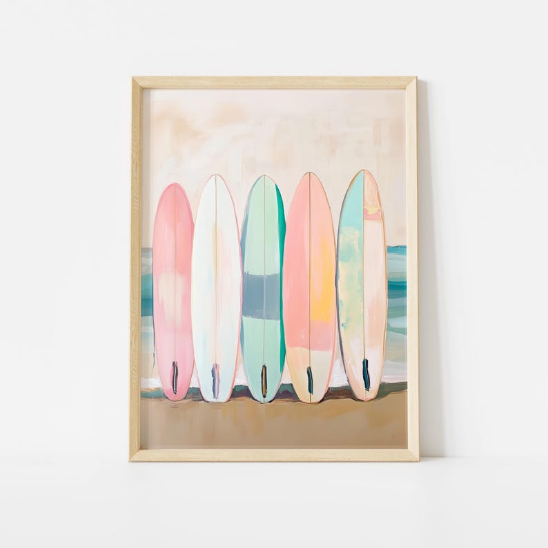 Pastel Surfboard Poster, Beach Coastal Wall Art, Colorful Ocean Surf Print, Summer Sea Decor image 1