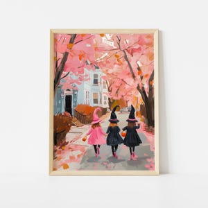 Pôster de Três Garotas Brincando de Doces ou Travessuras, Impressão Artística de Bruxas Rosa de Halloween, Decoração de Outono para Quarto de Menina, Arte de Parede Assustadora e Fofa, Pôster de Outono