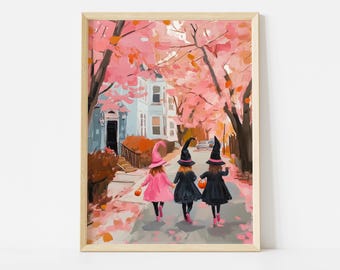 Three Girls Trick or Treating Poster, Pink Halloween Witches Art Print, Girl’s Room Autumn Decor, Spooky Cute Wall Art, Fall Poster