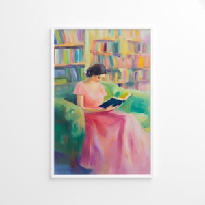 Pastel Reading Girl Poster: Cozy Library Wall Art with Bookshelf for Feminine Study Room Decor