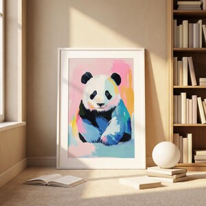 Póster de panda colorido, arte mural de animales en tonos pastel, impresión de ilustración de oso tierno, decoración caprichosa de vida silvestre imagen 3