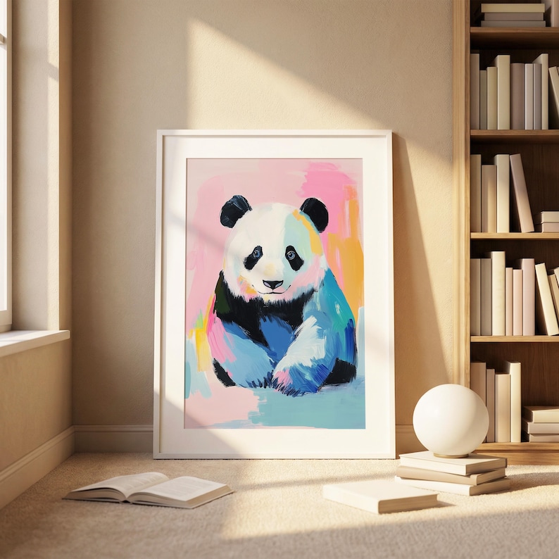 Póster de panda colorido, arte mural de animales en tonos pastel, impresión de ilustración de oso tierno, decoración caprichosa de vida silvestre imagen 3