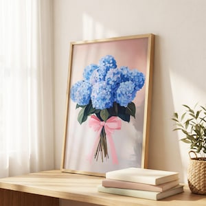 Blue Hydrangea Art, Floral Wall Print, Girly Home Decor, Bouquet Poster, Pink Bow Art, Flower Poster, Trendy Floral Decor, Pastel Flower Art image 2
