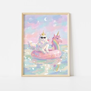 Kat op eenhoorn float Art Print, grillig impressionistisch huisdier schilderij