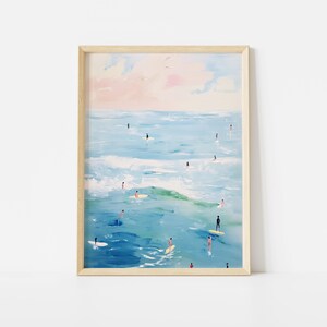 Plakat Surfer Ocean, wydruk artystyczny z motywem morskim, różowy wystrój nadmorski, sztuka ścienna z domkiem na plaży, plakat z letnim wschodem słońca i zachodem słońca