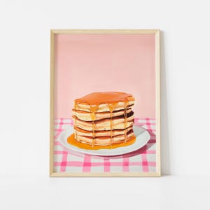 Pancake Stack Poster, Pastel Breakfast Food Wall Art, Syrup Drizzle Brunch Print, Cute Kitchen Decor