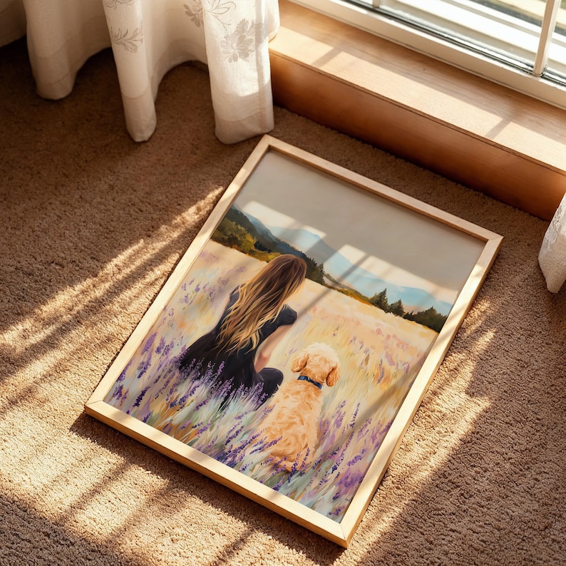 Girl and Goldendoodle Poster, Dog Lover Decor, Meadow Wall Art, Pet Digital Download, Wildflower Poster, Nature Decor Poster image 5