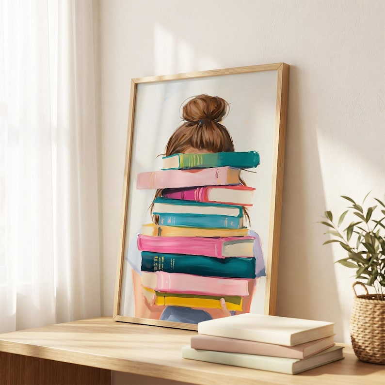 Brunette Girl With Stack of Books Poster, Book Lover Art Print, Reading ...
