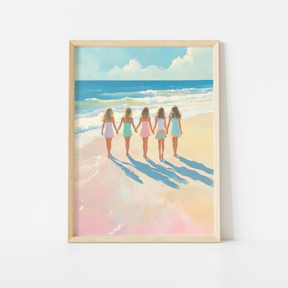 Beach Girls Poster, Summer Friendship Wall Art, Pastel Ocean Shore