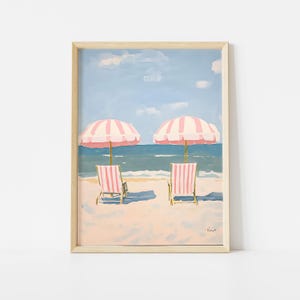Pink Striped Beach Umbrella Poster, Coastal Summer Art Print, Pastel Shore Decor, Trendy Beach House Wall Art, Colorful Ocean Printable