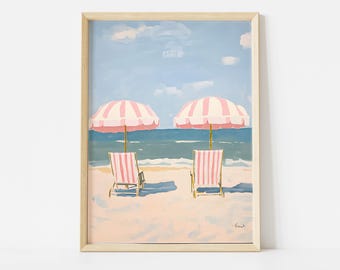 Pink Striped Beach Umbrella Poster, Coastal Summer Art Print, Pastel Shore Decor, Trendy Beach House Wall Art, Colorful Ocean Printable