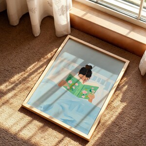 Girl Reading in Bed Poster, Book Lover Art, Reading Nook Decor, Tween Room Poster, Brunette Girl Art, Cozy Bedroom Print, Library Wall Art image 5