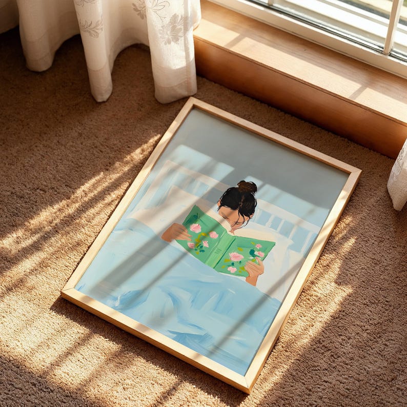 Girl Reading in Bed Poster, Book Lover Art, Reading Nook Decor, Tween Room Poster, Brunette Girl Art, Cozy Bedroom Print, Library Wall Art image 5