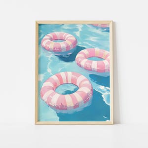 Affiche de flotteur de piscine rayé rose et blanc, impression d'art chambre à air d'été, décoration murale côtière au bord de la piscine, maison de plage pastel imprimable