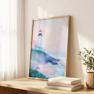 Pastel Lighthouse Poster, Coastal Ocean Cliff Wall Art, Dreamy Seaside Landscape Print, Nautical Beach House Decor image 2