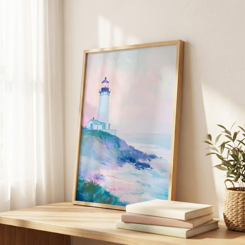 Pastel Lighthouse Poster, Coastal Ocean Cliff Wall Art, Dreamy Seaside Landscape Print, Nautical Beach House Decor image 2