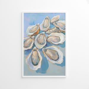 Poster con conchiglia di ostrica blu, stampa astratta di case sulla spiaggia, decorazioni estive colorate per la cucina, poster per la sala da pranzo, stampa per la cucina, stampa di frutti di mare