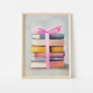 Book Stack Poster, Pastel Book Gift Wall Art, Pink Ribbon Wrapped Books Print, Cozy Literary Decor for Readers
