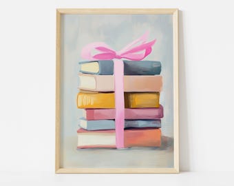 Book Stack Poster, Pastel Book Gift Wall Art, Pink Ribbon Wrapped Books Print, Cozy Literary Decor for Readers