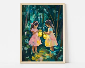 蛍の版画：気まぐれな子供の夜の森の絵画 - Etsy 日本