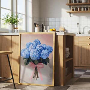 Blue Hydrangea Art, Floral Wall Print, Girly Home Decor, Bouquet Poster, Pink Bow Art, Flower Poster, Trendy Floral Decor, Pastel Flower Art image 4