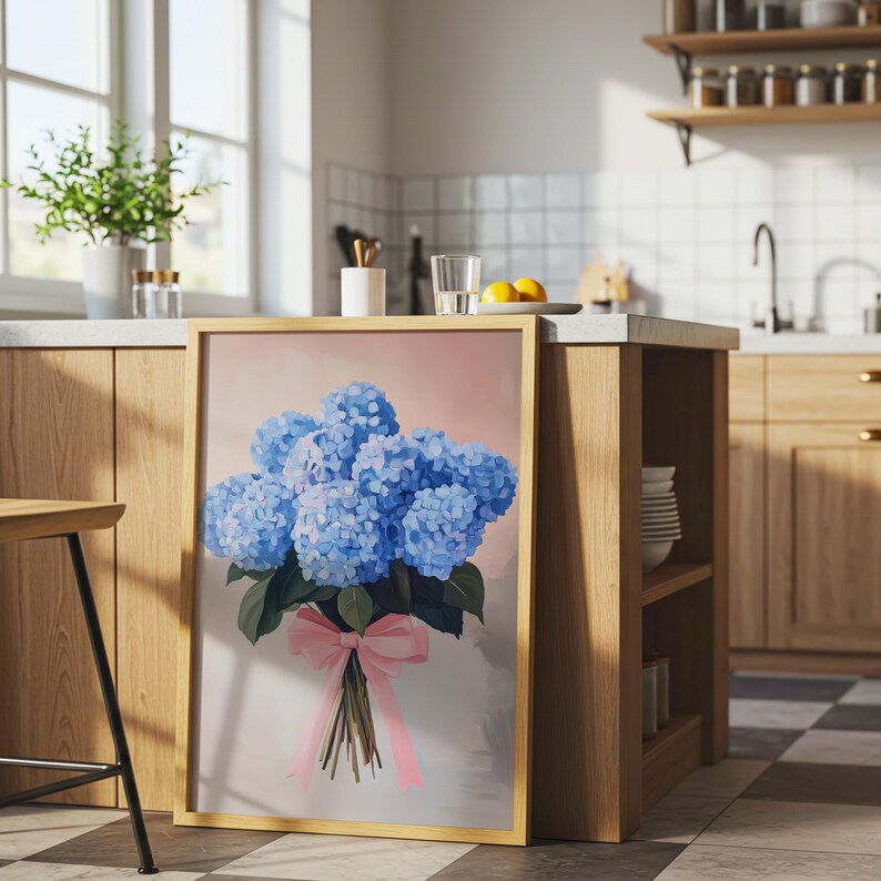 Blue Hydrangea Art, Floral Wall Print, Girly Home Decor, Bouquet Poster, Pink Bow Art, Flower Poster, Trendy Floral Decor, Pastel Flower Art image 4