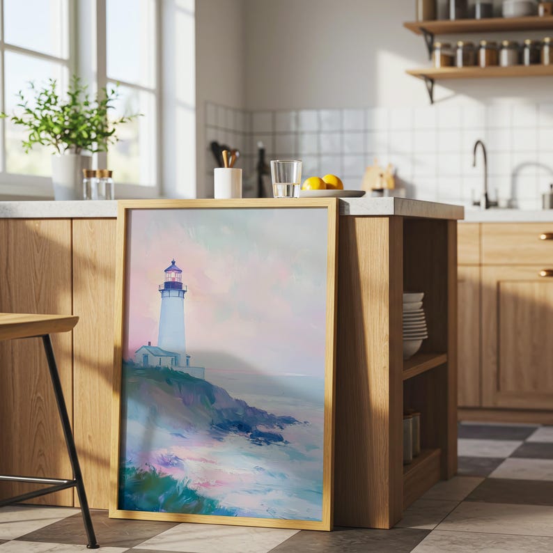 Pastel Lighthouse Poster, Coastal Ocean Cliff Wall Art, Dreamy Seaside Landscape Print, Nautical Beach House Decor image 4