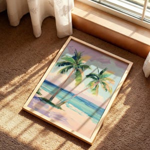 Palme Poster, rosa Sonnenuntergang Kunst, Strandhaus Wanddekoration, Küsten Tropischer Druck, Bunte Sommer Dekoration, Bunte Küste Bild 5