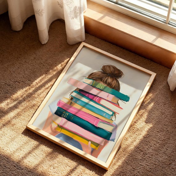 Brunette Girl With Stack of Books Poster, Book Lover Art Print