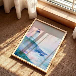 Pastel Lighthouse Poster, Coastal Ocean Cliff Wall Art, Dreamy Seaside Landscape Print, Nautical Beach House Decor image 5