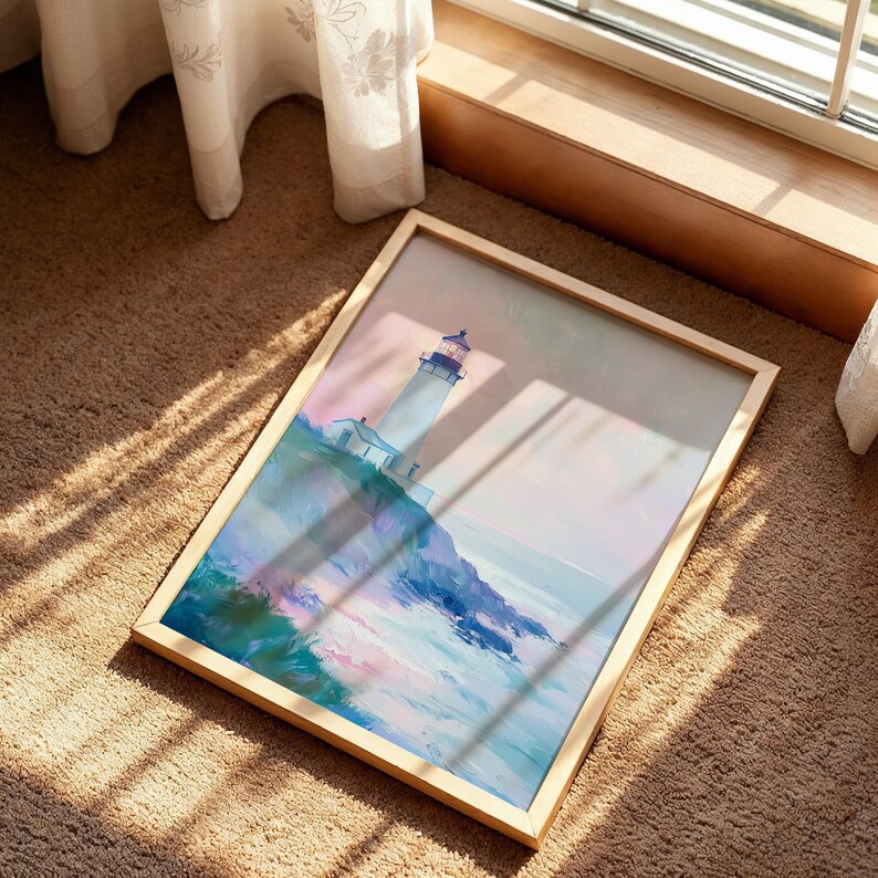 Pastel Lighthouse Poster, Coastal Ocean Cliff Wall Art, Dreamy Seaside Landscape Print, Nautical Beach House Decor image 5