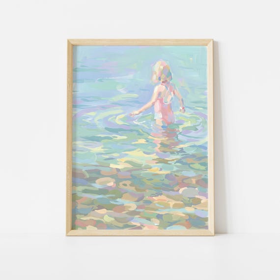 水遊びをする少女のパステル印象派風イラスト、ピンクの水着を着た夏の