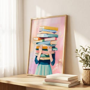 Book Lover Poster, Girl Holding Books Wall Art, Pastel Reading Decor, Library Aesthetic Print, Bookish Room Art image 2