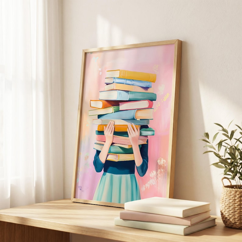 Book Lover Poster, Girl Holding Books Wall Art, Pastel Reading Decor, Library Aesthetic Print, Bookish Room Art image 2