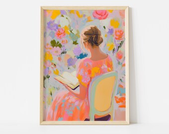 Colorful Woman Reading Poster, Pastel Floral Wall Art, Feminine Book Lover Print, Romantic Vintage Decor