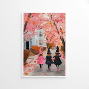 Drei Mädchen Süßes oder Saures Poster, rosa Halloween-Hexen Kunstdruck, Mädchenzimmer Herbstdekor, gruselige süße Wandkunst, Herbstplakat