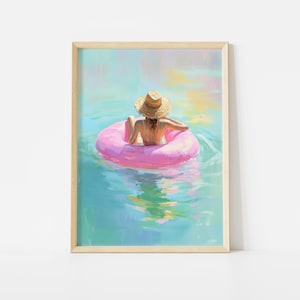Zomerposter meisje: pastelkleurige kunst aan de muur met strohoed voor een ontspannend tropisch decor