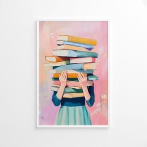 Book Lover Poster, Girl Holding Books Wall Art, Pastel Reading Decor, Library Aesthetic Print, Bookish Room Art