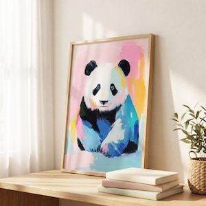 Póster de panda colorido, arte mural de animales en tonos pastel, impresión de ilustración de oso tierno, decoración caprichosa de vida silvestre imagen 2