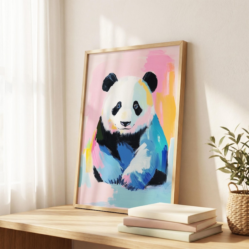 Póster de panda colorido, arte mural de animales en tonos pastel, impresión de ilustración de oso tierno, decoración caprichosa de vida silvestre imagen 2