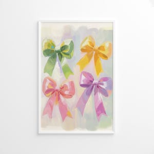 Poster con fiocchi pastello, graziosa decorazione da parete con nastri, stampa con fiocco regalo colorato, opera d'arte decorativa femminile