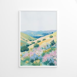 Pôster de prado primaveril, arte de parede com paisagem, impressão de flores silvestres, pôster de decoração em tons pastel, impressão de arte em montanha, impressão de arte vibrante, paisagem abstrata