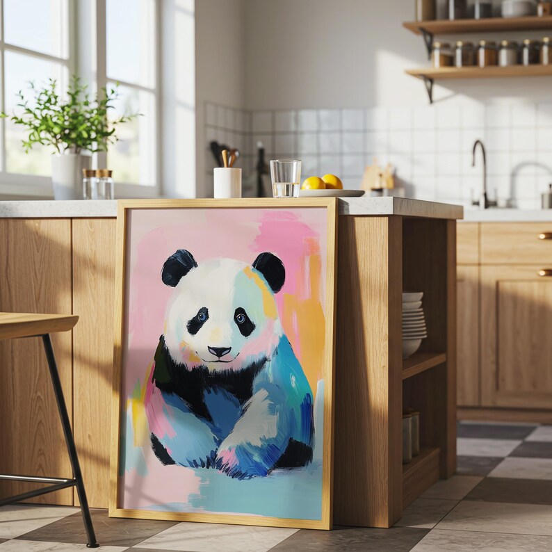 Póster de panda colorido, arte mural de animales en tonos pastel, impresión de ilustración de oso tierno, decoración caprichosa de vida silvestre imagen 4