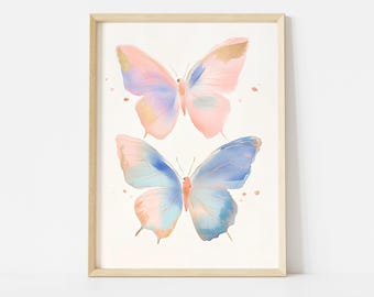 Two Pastel Butterflies Poster, Colorful Abstract Insect Wall Art Print, Animal Watercolor Decor, Tween Girl’s Room, Butterfly Art Print