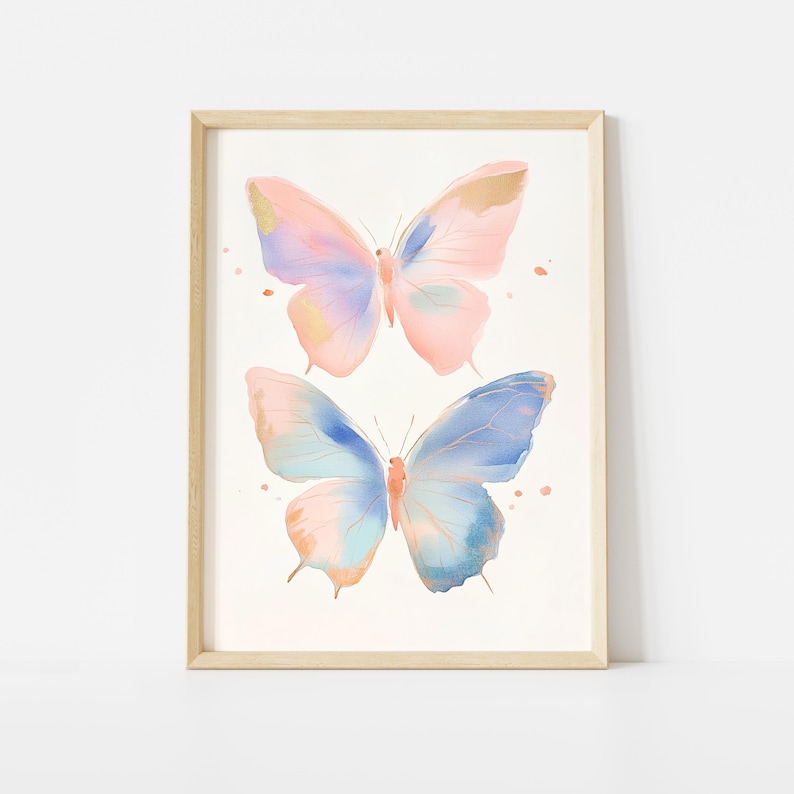 Two Pastel Butterflies Poster, Colorful Abstract Insect Wall Art Print, Animal Watercolor Decor, Tween Girl’s Room, Butterfly Art Print image 1