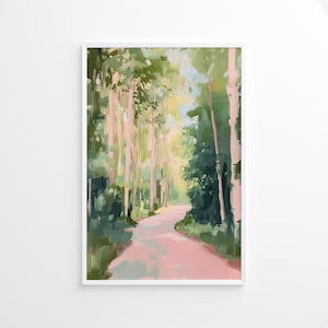Affiche paysage forestier printanier, impression d'art arbres pastel, décoration nature verte et rose, art mural paysage estival, affiche forêt colorée