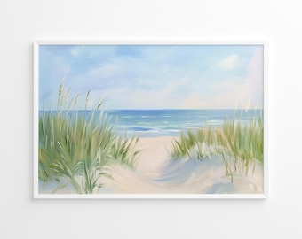May include: A painting depicting a beach scene with a path leading through tall green grass to the ocean. The sky is blue with white clouds and the water is a light blue with white waves.